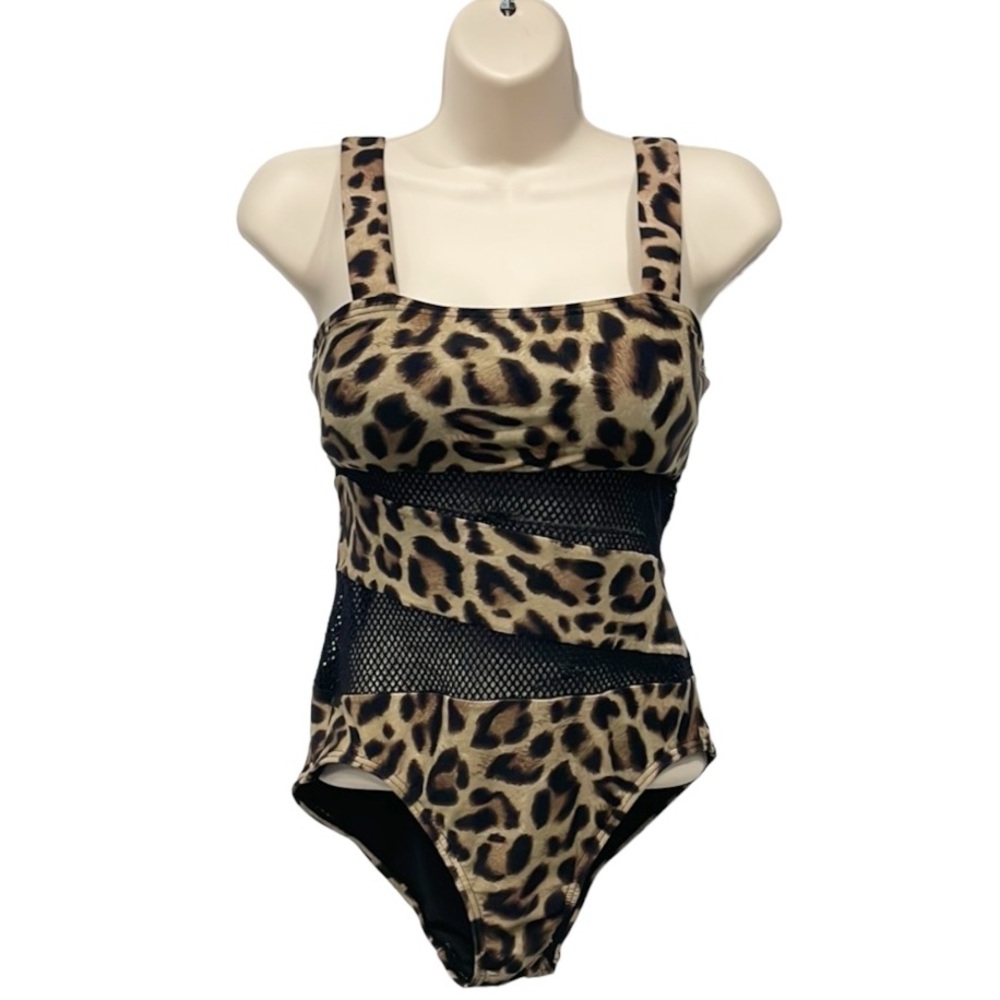 Carmen Marc Valvo Women Swim Suit Black Mesh‎ Animal Print One Piece Sz 8
